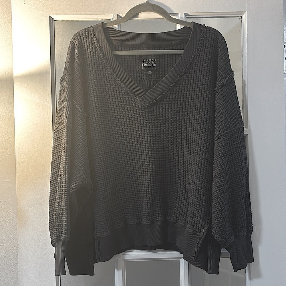 American Eagle Big Hug Waffle V-Neck Sweatshirt